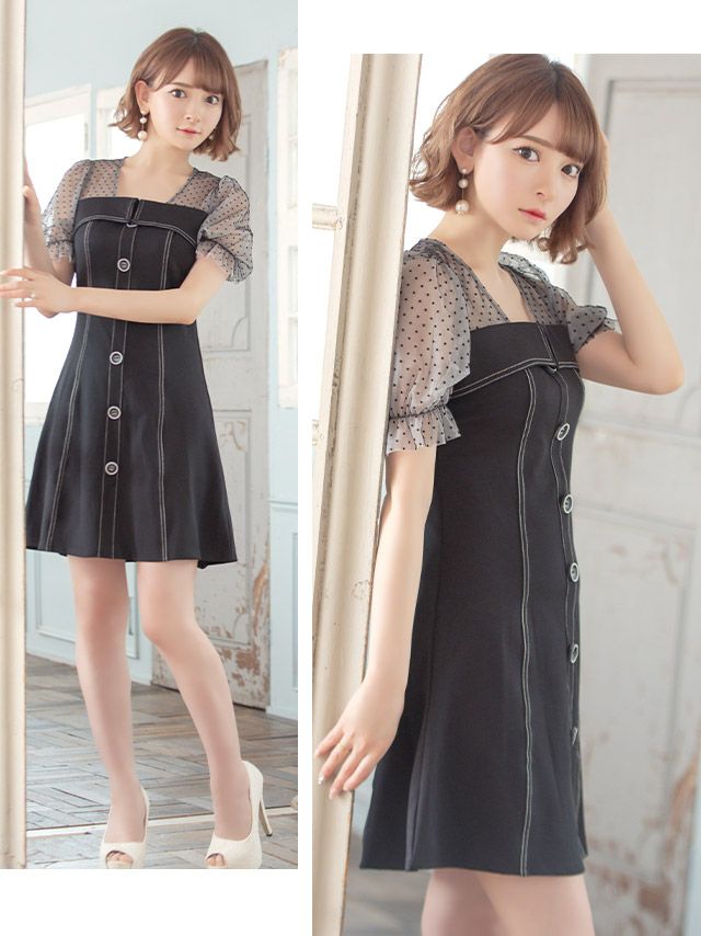 イメージ画像2 キャバドレス ミニドレス 大きいサイズ フレアドレス Tika ティカ ドットシアーパフスリーブ切り替えAラインフレアミニドレス