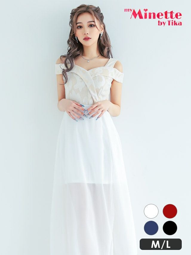 キャバドレス ロングドレス ロングワンピ フレア 激安 myMinette マイミネット オープンショルダージャガード切り替えシフォンスリットロングドレス