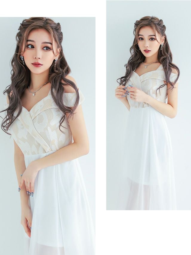 キャバドレス ロングドレス ロングワンピ フレア 激安 myMinette マイミネット オープンショルダージャガード切り替えシフォンスリットロングドレス