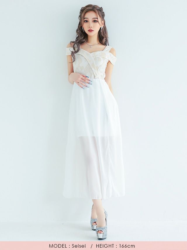 キャバドレス ロングドレス ロングワンピ フレア 激安 myMinette マイミネット オープンショルダージャガード切り替えシフォンスリットロングドレス