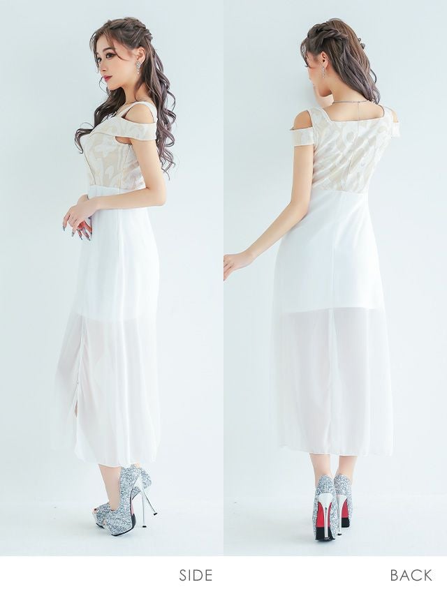 キャバドレス ロングドレス ロングワンピ フレア 激安 myMinette マイミネット オープンショルダージャガード切り替えシフォンスリットロングドレス