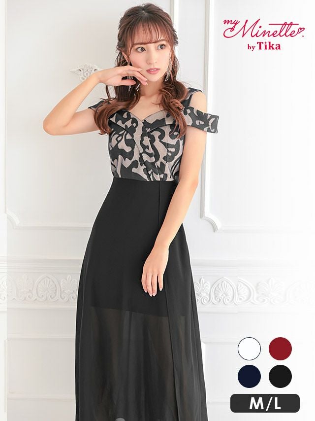 キャバドレス ロングドレス ロングワンピ フレア 激安 myMinette マイミネット オープンショルダージャガード切り替えシフォンスリットロングドレス