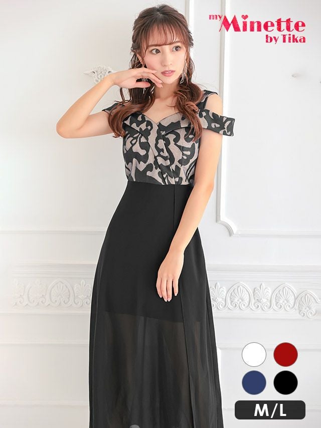 ジャガードウエスト切り替えシアースリット肩あきAラインロングドレス