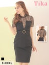 キャバドレス ミニドレス タイトドレス 大きいサイズ Tika ティカ シアーハイネック切り替えウエストリングベルトタイトミニドレス