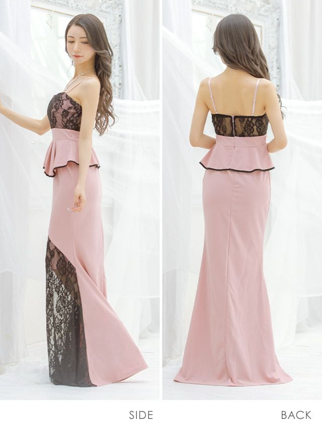 キャバドレス ロングドレス マキシ丈 大きいサイズ Tika ティカ フラワーレース切り替えペプラムマーメイドロングドレス