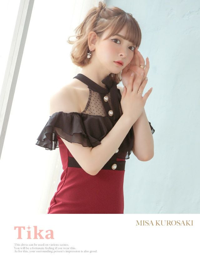 キャバドレス ミニドレス タイトドレス セクシー 大きいサイズ Tika ティカ ネックリボンドットシアーオープンフリルショルダータイトミニドレス