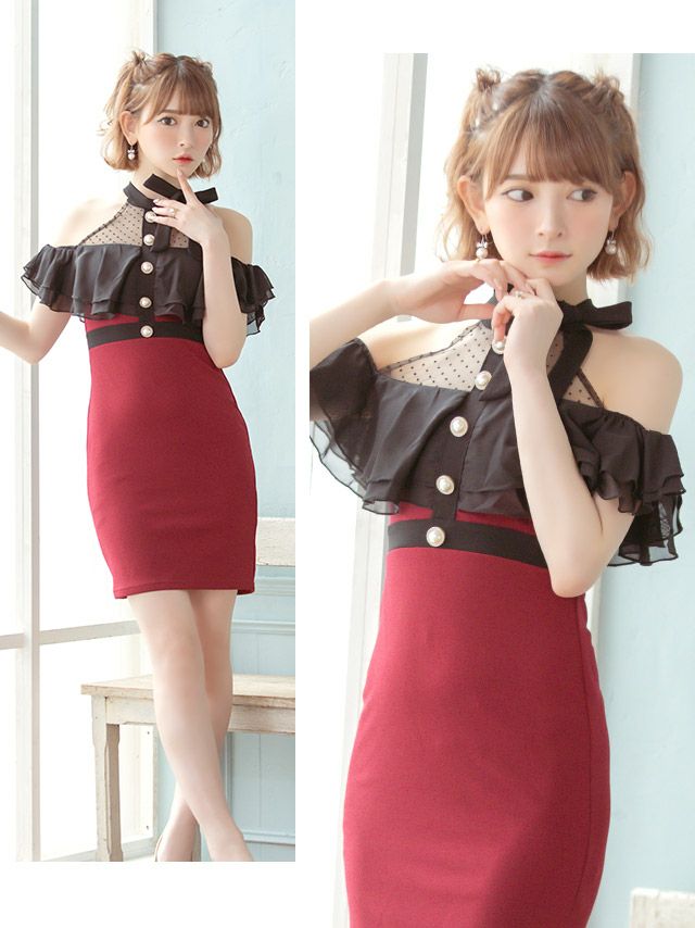 キャバドレス ミニドレス タイトドレス セクシー 大きいサイズ Tika ティカ ネックリボンドットシアーオープンフリルショルダータイトミニドレス