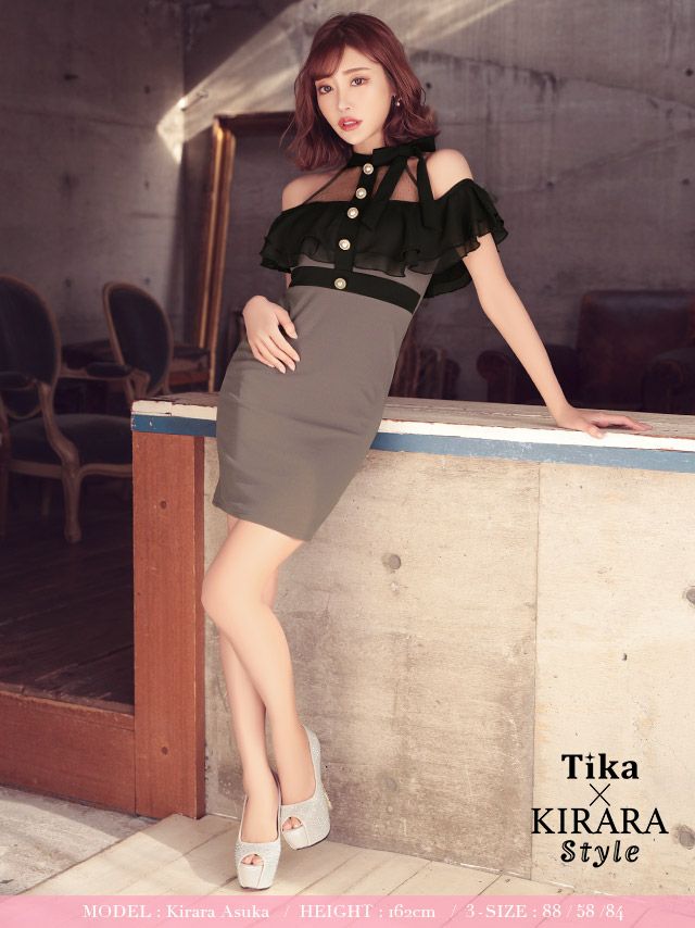 キャバドレス ミニドレス タイトドレス セクシー 大きいサイズ Tika ティカ ネックリボンドットシアーオープンフリルショルダータイトミニドレス
