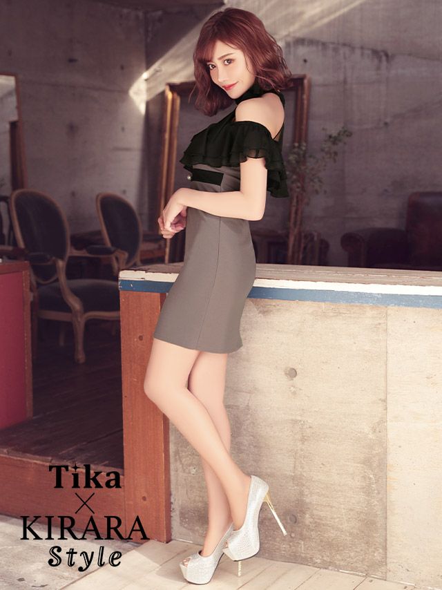 キャバドレス ミニドレス タイトドレス セクシー 大きいサイズ Tika ティカ ネックリボンドットシアーオープンフリルショルダータイトミニドレス