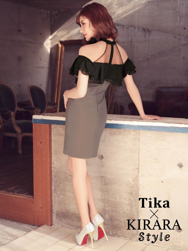 キャバドレス ミニドレス タイトドレス セクシー 大きいサイズ Tika ティカ ネックリボンドットシアーオープンフリルショルダータイトミニドレス
