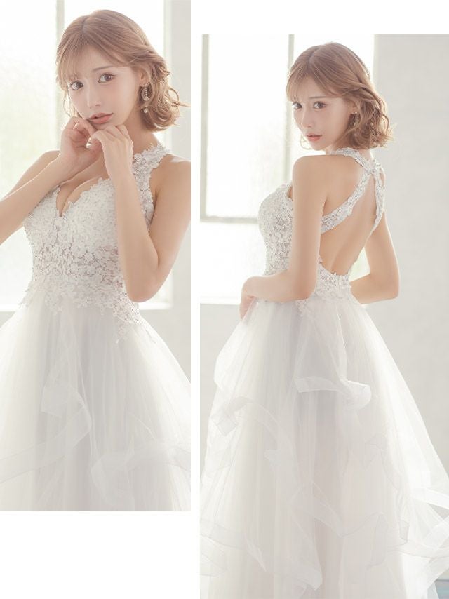 バースデー Aラインロングドレス フラワー刺繍 ボリュームチュール