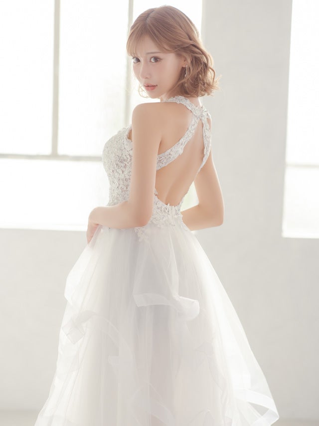 キャバドレス ロングドレス Aライン バースデー イベント 大きいサイズ Tika ティカ ホルターネックフラワー刺繍ボリュームチュールAラインロングドレス