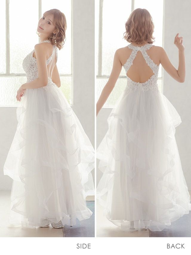 バースデー Aラインロングドレス フラワー刺繍 ボリュームチュール