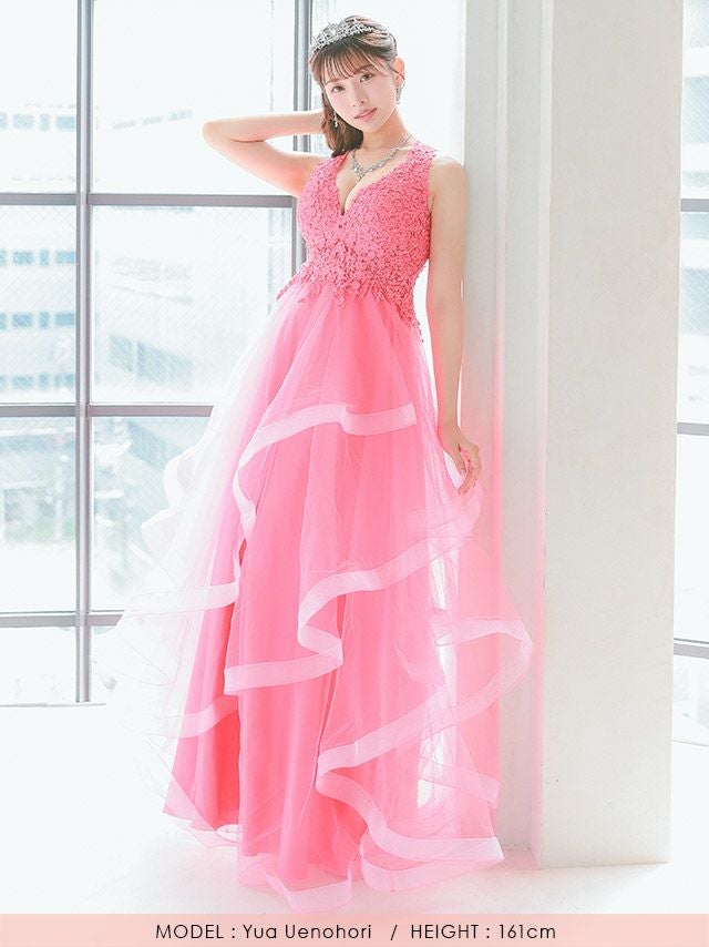 バースデー Aラインロングドレス フラワー刺繍 ボリュームチュール