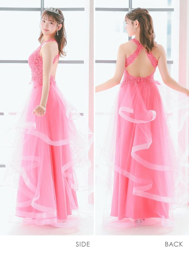 バースデー Aラインロングドレス フラワー刺繍 ボリュームチュール