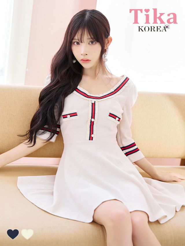 メイン画像 キャバドレス 韓国 [SALE] ミニドレス 袖あり パフスリーブ トリコロール ワンピース Aライン キャバドレス (緩苺着用) [tk-mdk094]