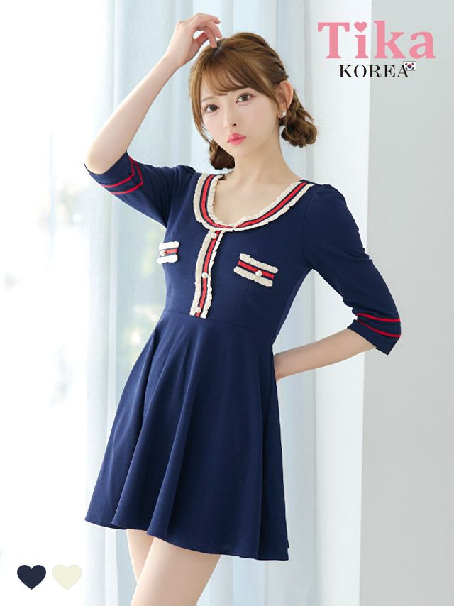 メイン画像 キャバドレス 韓国 [SALE] ミニドレス 袖あり パフスリーブ トリコロール ワンピース Aライン キャバドレス (黒崎みさ着用) [tk-mdk094a]