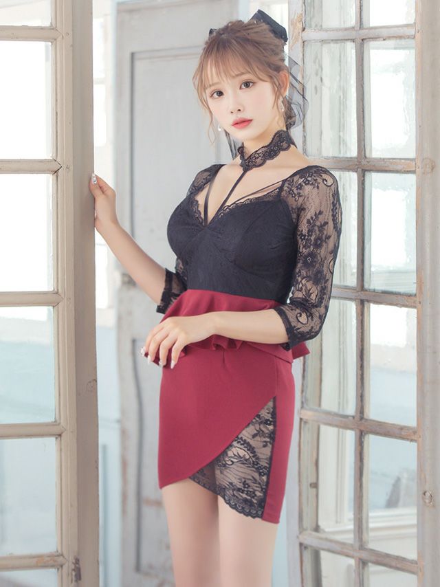 キャバドレス ミニドレス タイトドレス ペプラムドレス 大きいサイズ Tika ティカ チョーカーネックフラワーレース切り替えペプラムタイトミニドレス