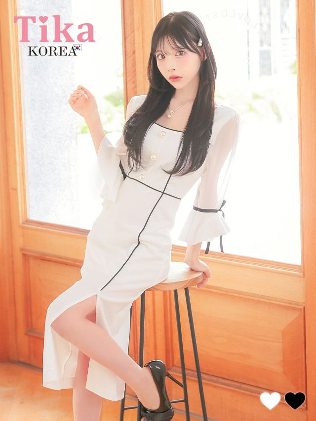 キャバドレス ミディアムドレス タイトドレス 韓国ドレス 大きいサイズ Tika ティカ シアーベルスリーブリボンパイピングデザインミディアムスリットドレス