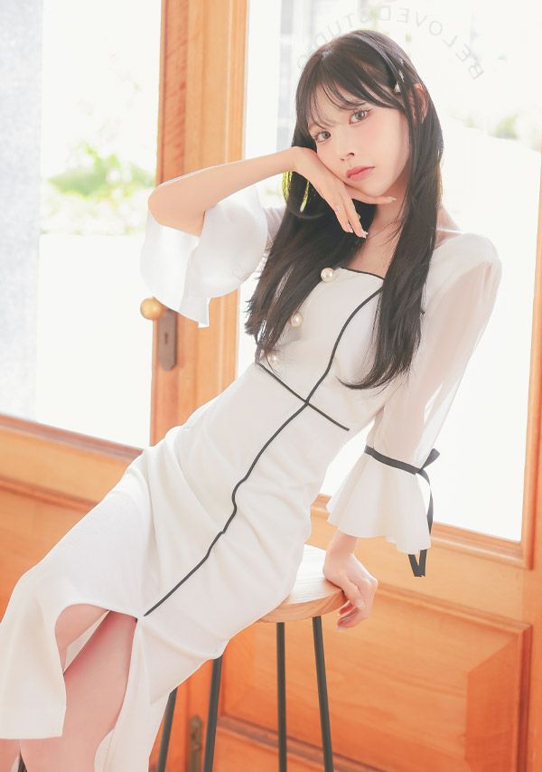 キャバドレス ミディアムドレス タイトドレス 韓国ドレス 大きいサイズ Tika ティカ シアーベルスリーブリボンパイピングデザインミディアムスリットドレス