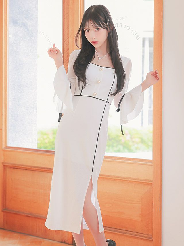 キャバドレス ミディアムドレス タイトドレス 韓国ドレス 大きいサイズ Tika ティカ シアーベルスリーブリボンパイピングデザインミディアムスリットドレス