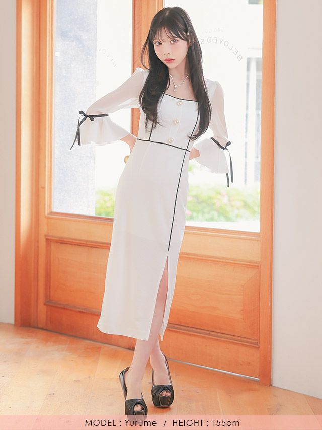 キャバドレス ミディアムドレス タイトドレス 韓国ドレス 大きいサイズ Tika ティカ シアーベルスリーブリボンパイピングデザインミディアムスリットドレス