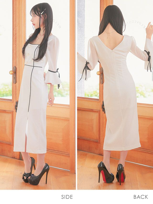 キャバドレス ミディアムドレス タイトドレス 韓国ドレス 大きいサイズ Tika ティカ シアーベルスリーブリボンパイピングデザインミディアムスリットドレス