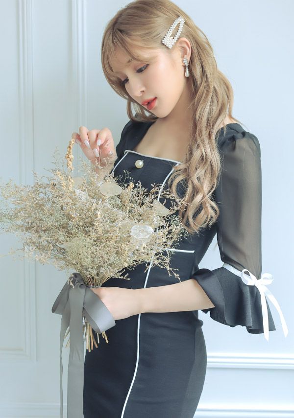 キャバドレス ミディアムドレス タイトドレス 韓国ドレス 大きいサイズ Tika ティカ シアーベルスリーブリボンパイピングデザインミディアムスリットドレス