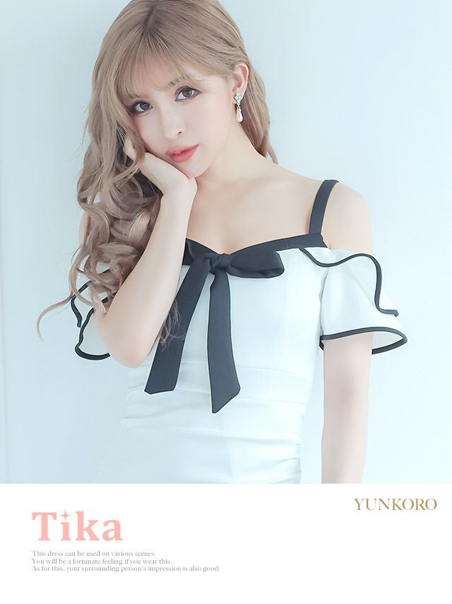 キャバドレス ミディアムドレス タイトドレス 大きいサイズ セクシー Tika ティカ パイピングオープンショルダーリボンレーススリットミディアムドレス