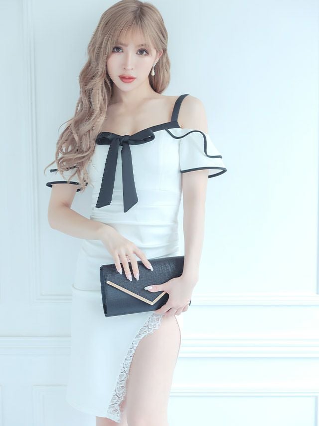 キャバドレス ミディアムドレス タイトドレス 大きいサイズ セクシー Tika ティカ パイピングオープンショルダーリボンレーススリットミディアムドレス