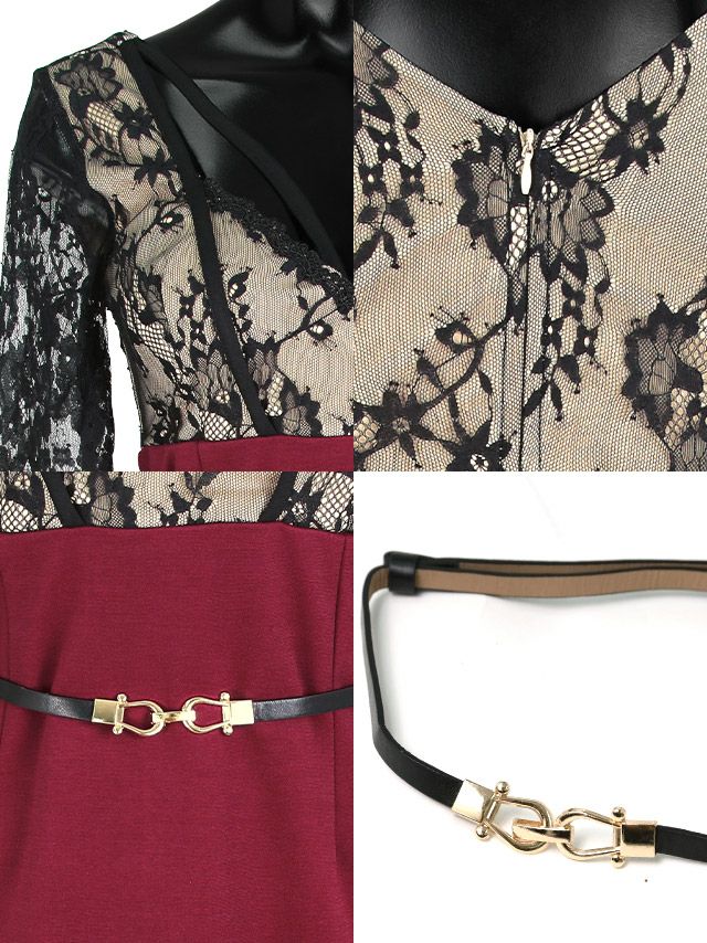 キャバドレス ミニドレス タイトドレス 大きいサイズ セクシー 大人 Tika ティカ ストラップラグジュアリーレース切り替えベルト付きタイトミニドレス