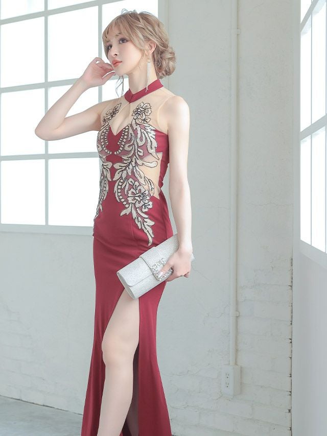 キャバドレス ロングドレス タイトドレス 大きいサイズ 激安 Tika ティカ シアーハイネックエレガント刺繍デザインタイトスリットロングドレス