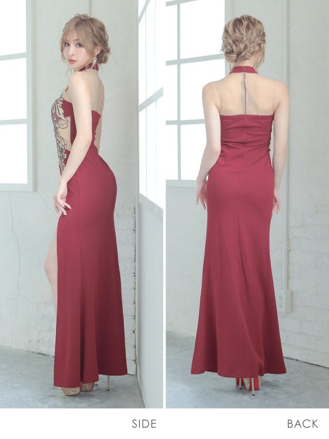 キャバドレス ロングドレス タイトドレス 大きいサイズ 激安 Tika ティカ シアーハイネックエレガント刺繍デザインタイトスリットロングドレス