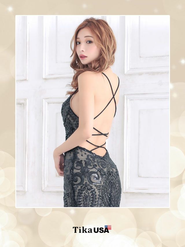 キャバドレス ロングドレス マキシ丈 タイト マーメイド セクシー バースデー Tika ティカ バックオープン総スパンコール刺繍デザインマーメイドゴージャスロングドレス