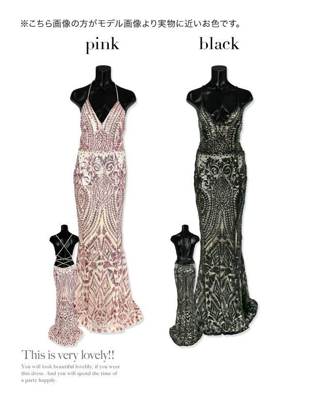 キャバドレス ロングドレス マーメイド マキシ丈 セクシー タイト Tika ティカ バックストラップデザインキラキラスパンコール刺繍レースマーメイドロングスリットドレス
