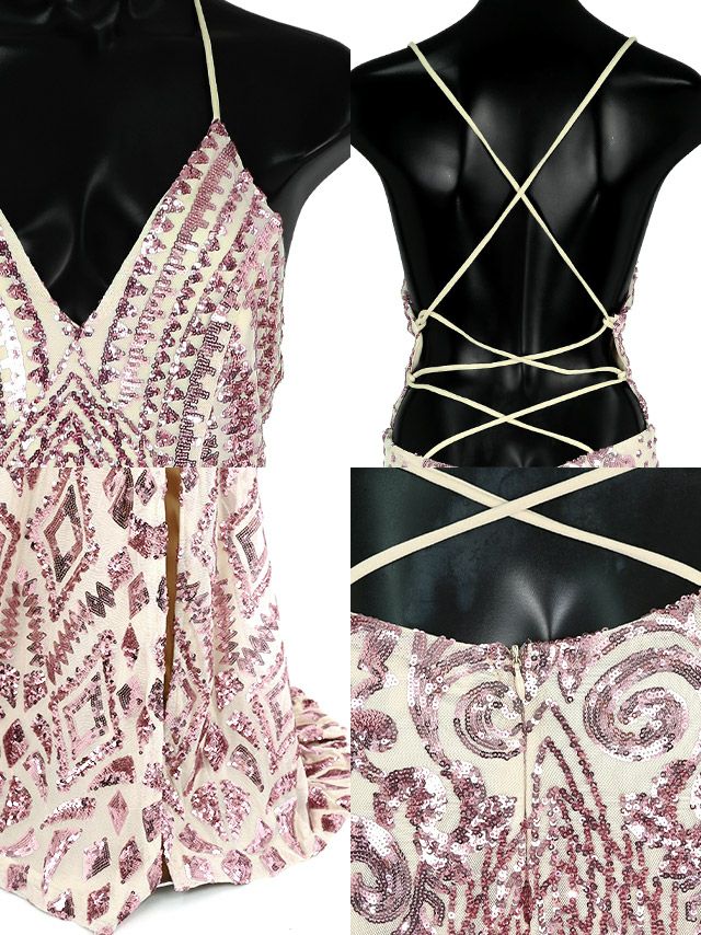 キャバドレス ロングドレス マーメイド マキシ丈 セクシー タイト Tika ティカ バックストラップデザインキラキラスパンコール刺繍レースマーメイドロングスリットドレス