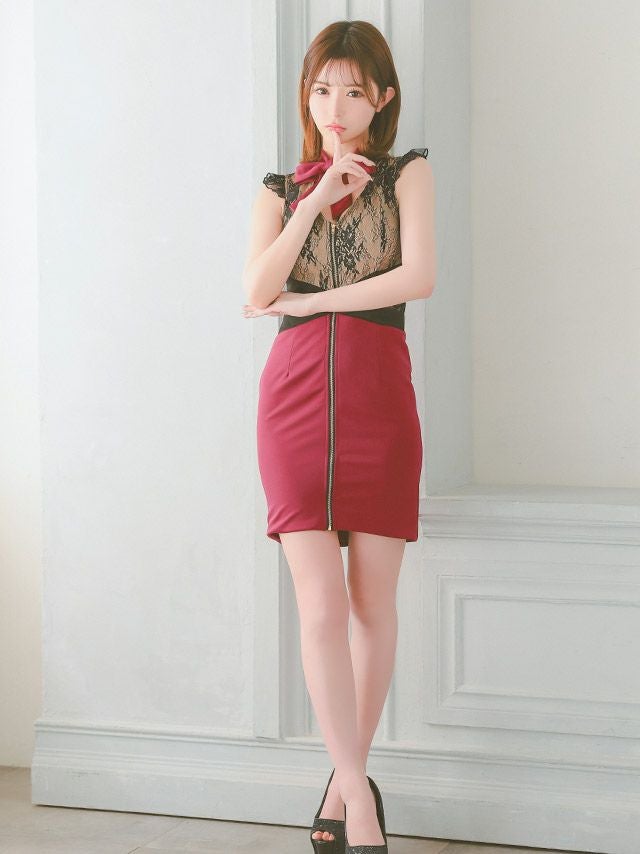 キャバドレス ミニドレス タイト セクシー 大きいサイズ キャバクラ Tika ティカ ネックリボンヌーディーレース切り替えジッパータイトミニドレス