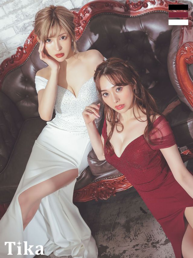 キャバドレス ロングドレス タイト 大きいサイズ セクシー マキシ丈 Tika ティカ シアーオフショルダーキラキラビジューデザインタイトスリットロングドレス