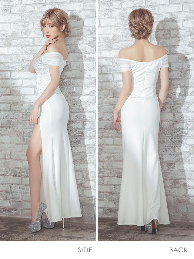 キャバドレス ロングドレス タイト 大きいサイズ セクシー マキシ丈 Tika ティカ シアーオフショルダーキラキラビジューデザインタイトスリットロングドレス