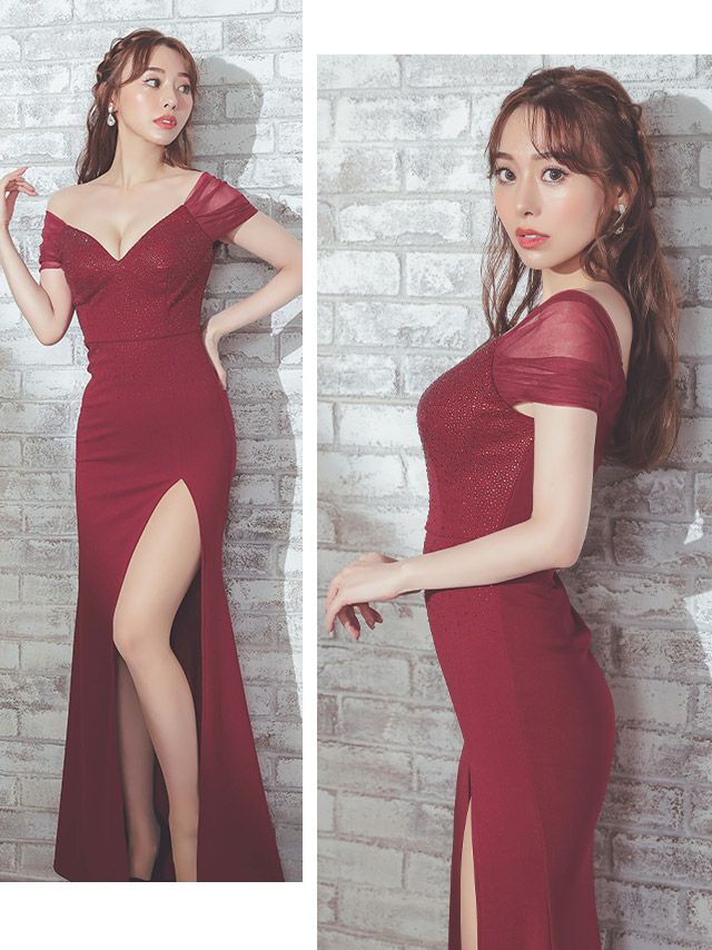 キャバドレス ロングドレス タイト 大きいサイズ セクシー マキシ丈 Tika ティカ シアーオフショルダーキラキラビジューデザインタイトスリットロングドレス