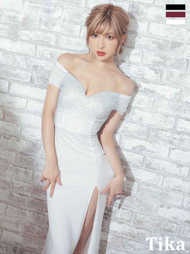 キャバドレス ロングドレス マキシ丈 タイト セクシー 大きいサイズ Tika ティカ オフショルチュールビジューデザインタイトスリットロングドレス