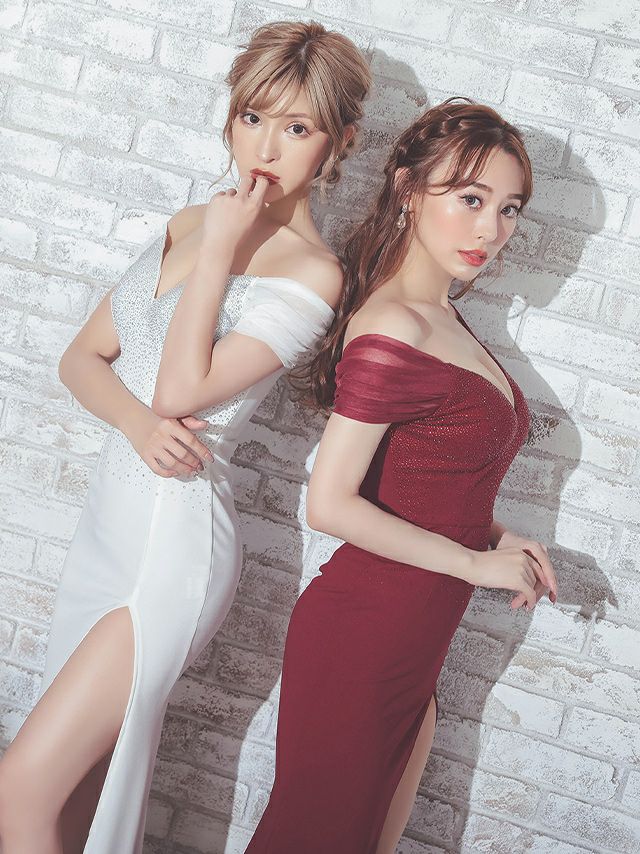 キャバドレス ロングドレス タイト マキシ丈 セクシー 大きいサイズ Tika ティカ シアーオフショルダーワンカラービジュータイトスリットロングドレス