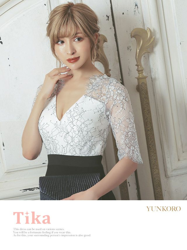 キャバドレス ロングドレス フレア Aライン 大きいサイズ 袖あり Tika ティカ クラシカルフラワーレース切り替えシフォンフラワーロングドレス 