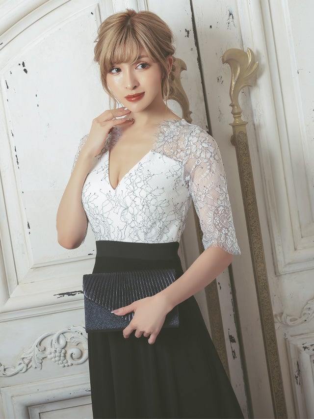 キャバドレス ロングドレス フレア Aライン 大きいサイズ 袖あり Tika ティカ クラシカルフラワーレース切り替えシフォンフラワーロングドレス 