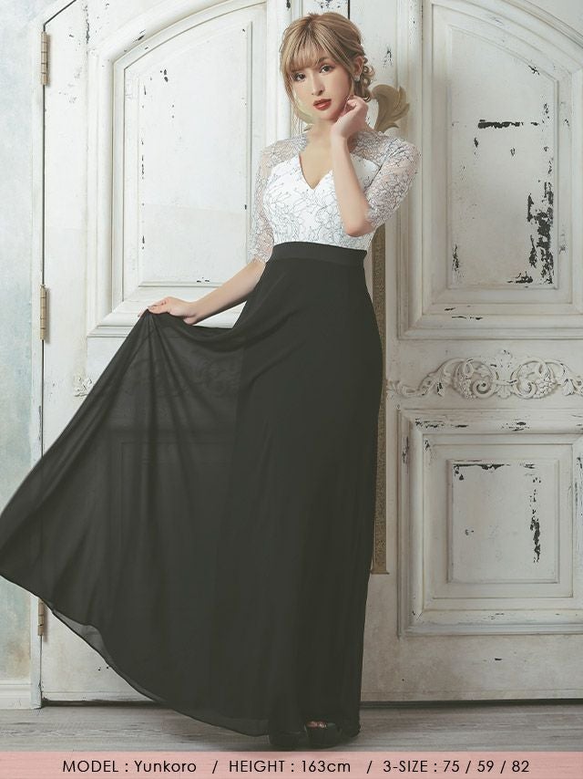 キャバドレス ロングドレス フレア Aライン 大きいサイズ 袖あり Tika ティカ クラシカルフラワーレース切り替えシフォンフラワーロングドレス 