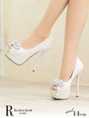 キャバヒール メイン画像 大粒キラキラビジューホワイトレースオープントゥワンカラーパンプス