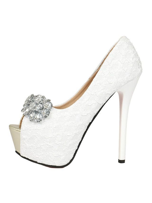 キャバヒール イメージ1 大粒キラキラビジューホワイトレースオープントゥワンカラーパンプス