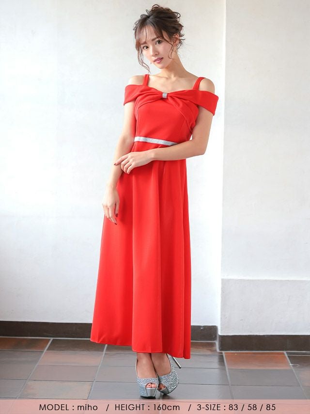 キャバドレス ロングドレス フレア Aライン 激安 マキシ丈 ロング丈 myMinette マイミネット Tika ティカ ビッグリボンオープンショルダーシルバーラインデザインフレアロングドレス