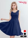 クラシックVネックノースリーブハイウエスト切替フレア膝丈プチプラドレス