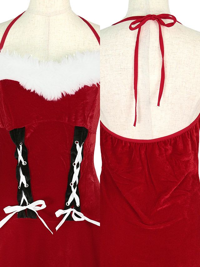 デティール画像 リボン編み上げホルターネック前ミニサンタコスプレ